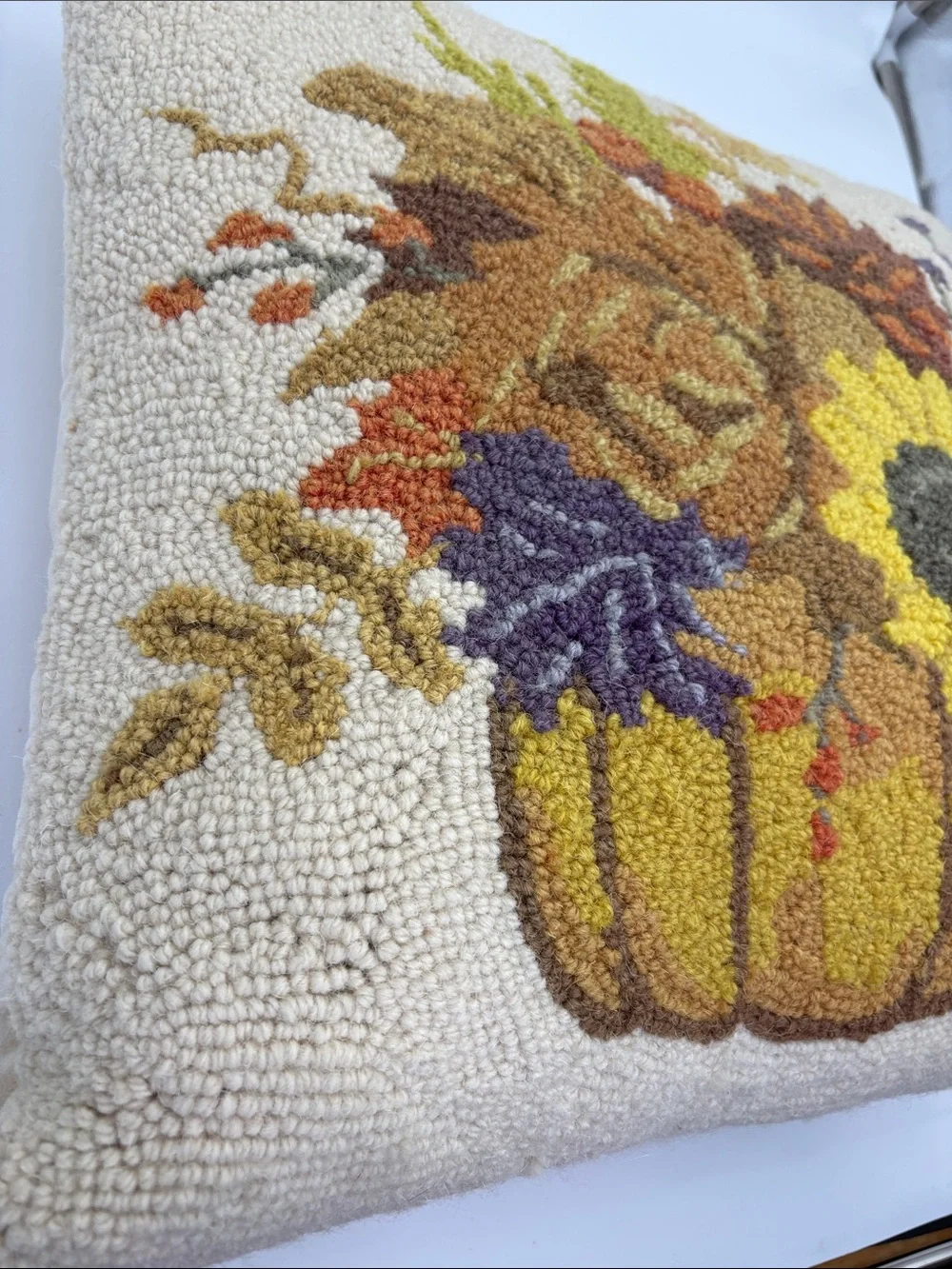 Handhooked Fall Pumpkin & Sunflower Accent Pillow